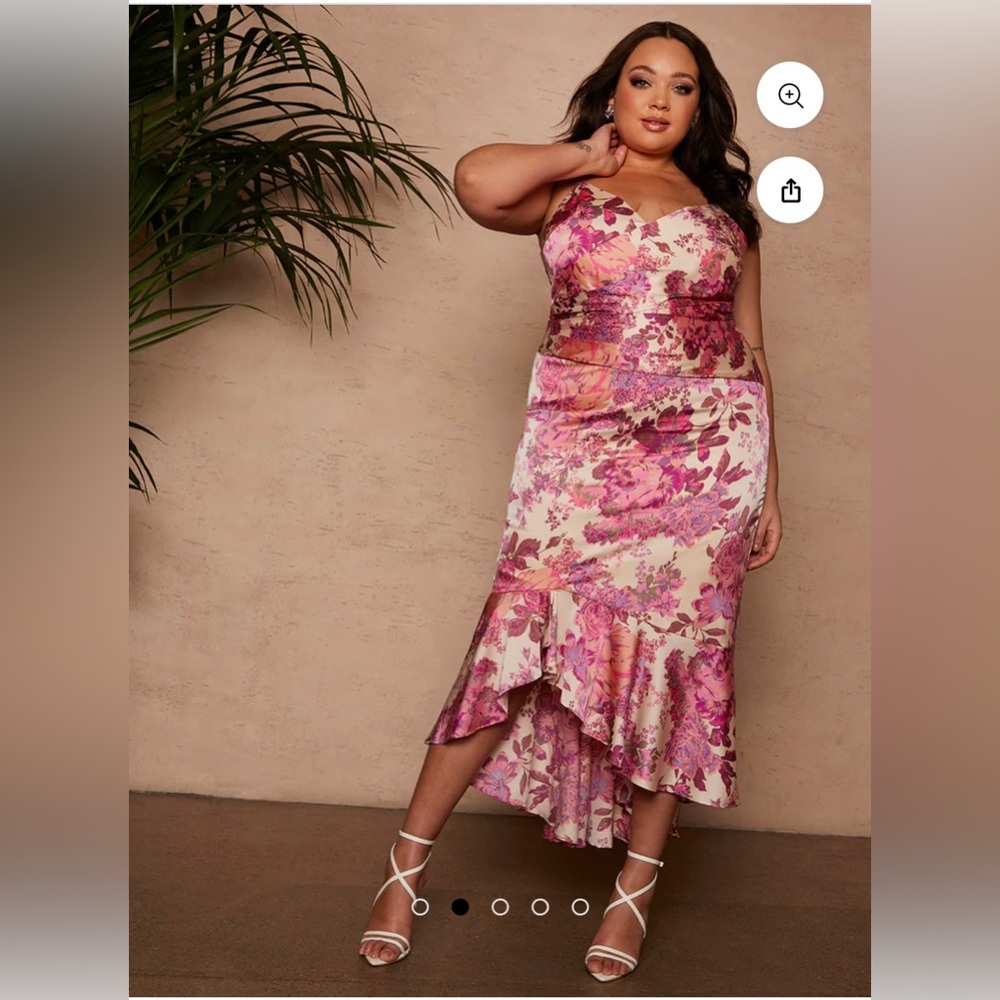 Chi Chi London Plus Size Sleeveless Floral Print Ruffle Midi Dress in Pink